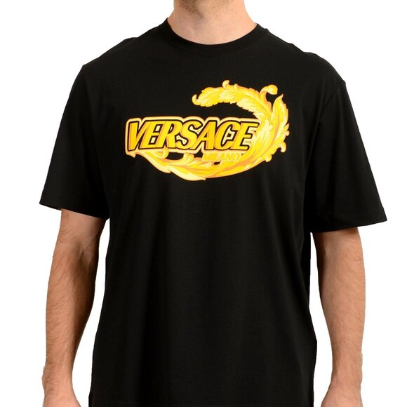 Versace Men's Black & Barocco Logo Print Short Sleeve T-Shirt US XS IT 46 - Picture 1 of 6
